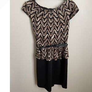 Connected Apparel Metallic Chevron Peplum Sheath Dress Black Gold Bronze Size 6
